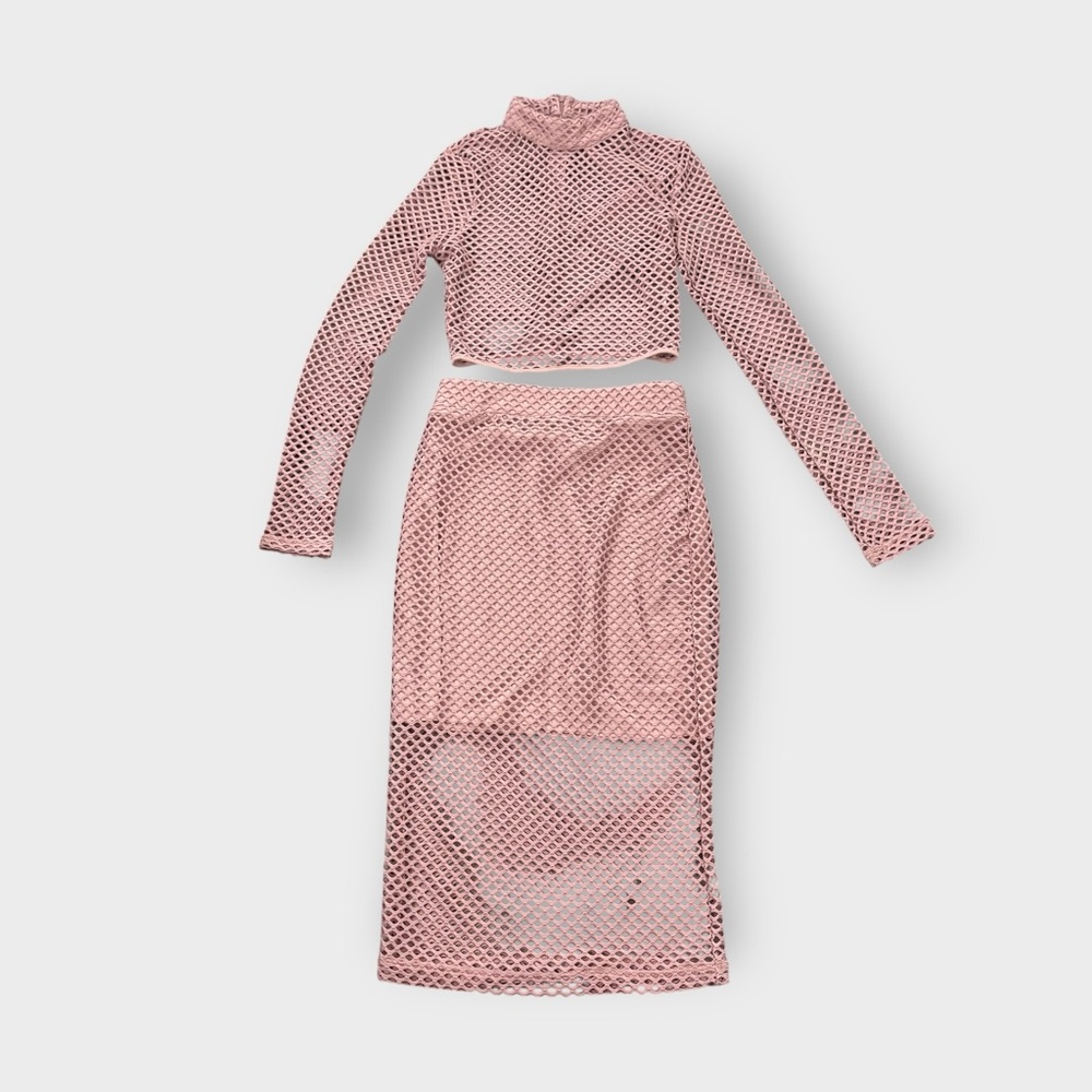 Forever 21 Pink Mauve Netted Long Sleeve Crop Top Mockneck Knee Length Skirt Set